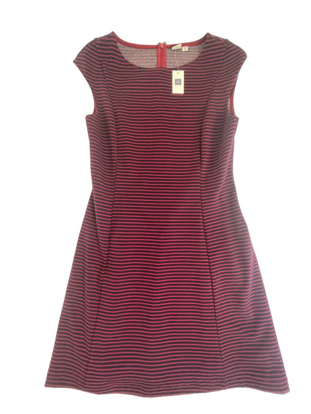 GAP NWT Fit & Flare Dress Women's 8 Burgundy Navy Stripe Cap Sleeve Midi
